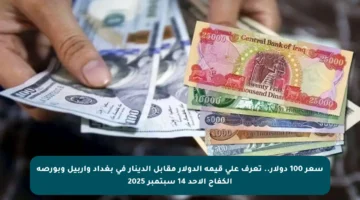 سعر 100 دولار.. تعرف على قيمة الدولار مقابل الدينار في بغداد وأربيل وبورصة الكفاح الأحد 14 سبتمبر 2025